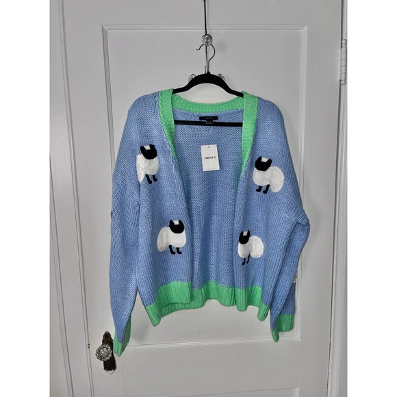 Forever 21 Sweaters - Forever 21 Women's Blue Green Oversized Sheep Lamb Cardigan Sweater Large NWT